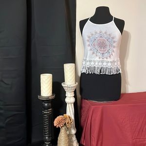 White tribal pastel mandala tank top with crocheted fringe. Never worn.